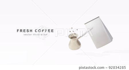 3d banner with realistic golds Turku, package for coffee and coffee beans on. Vector illustration. 3d banner with realistic golds Turku, package for coffee and coffee beans on. Vector illustration. 92834285