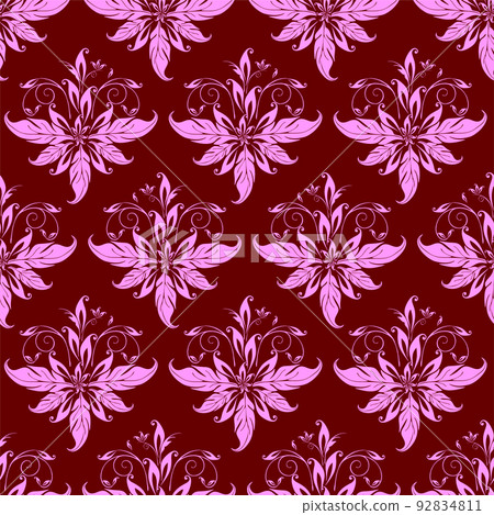 seamless graphic pink pattern on burgundy background, floral ornament tile, texture, design 92834811