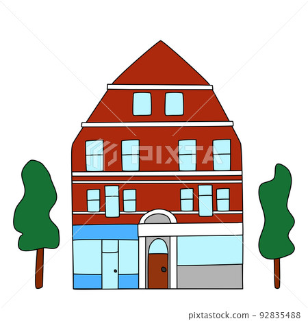 Old style red house, shop or cafe on first floor, flat vector 92835488