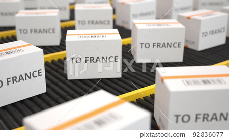 TO FRANCE text on white cartons moving along the conveyor. 3D rendering TO FRANCE text on white cartons moving along the conveyor. 3D rendering 92836077