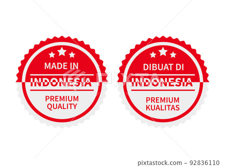 Made in Indonesia round labels in English and in Indonesian languages. Quality mark vector icon. Perfect for logo design, tags, badges, stickers, emblem, product package, etc 92836110