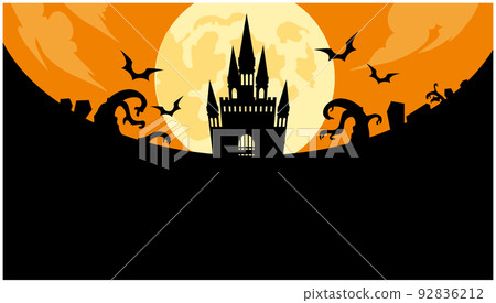 Halloween background with orange sky and full moon, castle and spooky shadow (16:9) Halloween background with orange sky and full moon, castle and spooky shadow (16:9) 92836212