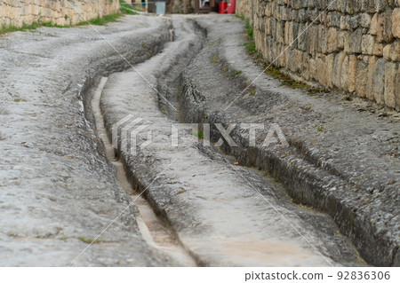 Ancient road bakhchisaray city cave chufut crimea medieval fortress old, concept history building from sight from settlement chufut, mountain landmark. Defensive scene moutain, 92836306