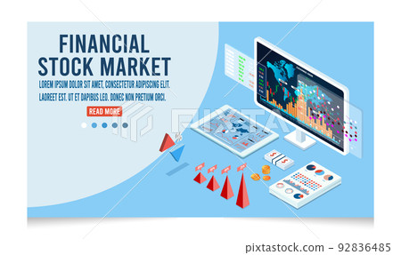 3D isometric stock marketing application concept with online statistic, data Analytics, finance and online trading.  Vector illustration eps10 92836485