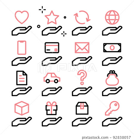 Icon set with various things floating on the palm 92838057