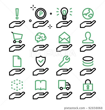 Icon set with various things floating on the palm Icon set with various things floating on the palm 92838068