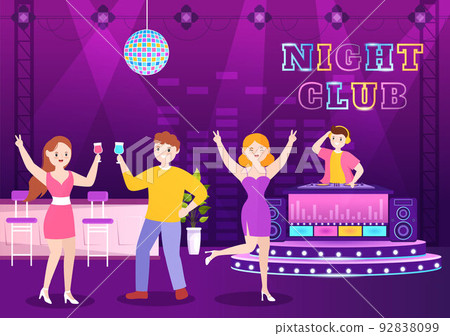 Night Club Cartoon Illustration with Nightlife like a Young People Drink Alcohol and Youth Dance Accompanied by Dj Music in Spotlight 92838099