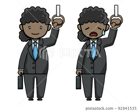 Illustration of a black female office worker (smile and tired face) holding on to a strap 92841535