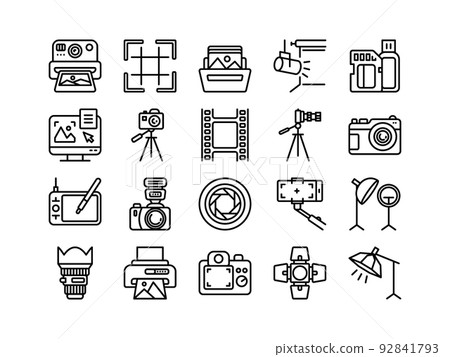 Photo camera icons. Line photography pictograms. Outline portrait studio photographic equipment with cam. Film frame. Selfie symbols. Lens and professional spotlight. Vector signs set Photo camera icons. Line photography pictograms. Outline portrait studio photographic equipment with cam. Film frame. Selfie symbols. Lens and professional spotlight. Vector signs set 92841793