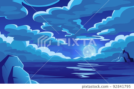 Night ocean landscape with cloud in sky. Dark scene, sea moon horizon, space time, magic lake with moonlight. Deep dark panorama. Mystery midnight backdrop. Vector illustration background Night ocean landscape with cloud in sky. Dark scene, sea moon horizon, space time, magic lake with moonlight. Deep dark panorama. Mystery midnight backdrop. Vector illustration background 92841795
