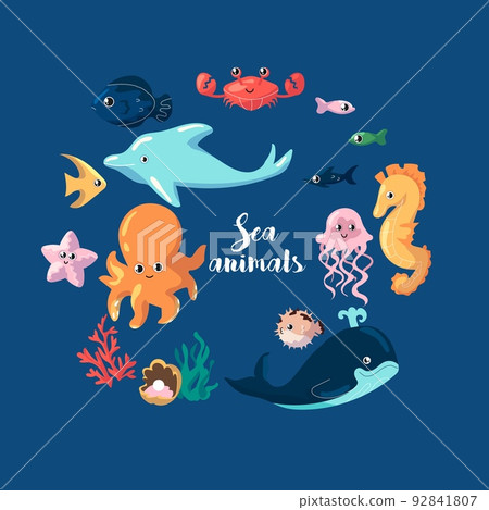Sea animals. Underwater creatures, cute dolphin and octopus, exotic fishes, jellyfish and starfish, childish collection, elements in circle form, funny characters vector cartoon flat style set Sea animals. Underwater creatures, cute dolphin and octopus, exotic fishes, jellyfish and starfish, childish collection, elements in circle form, funny characters vector cartoon flat style set 92841807