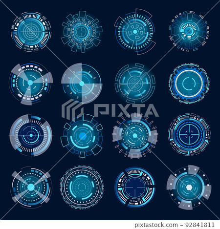 Sniper focus sights. Crosshair technology and circle hud, weapon military scope, accuracy target center. Futuristic elements. Isolated frames. Radar circular digital shapes. Vector graphic icons Sniper focus sights. Crosshair technology and circle hud, weapon military scope, accuracy target center. Futuristic elements. Isolated frames. Radar circular digital shapes. Vector graphic icons 92841811