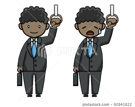 Illustration of a black office worker (smile and tired face) holding on to a strap 92841822