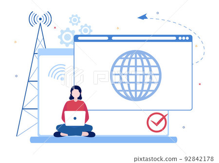 ISP or Internet Service Provider Cartoon Illustration with Keywords and Icons for Intranet Access, Secure Network Connection and Privacy Protection 92842178