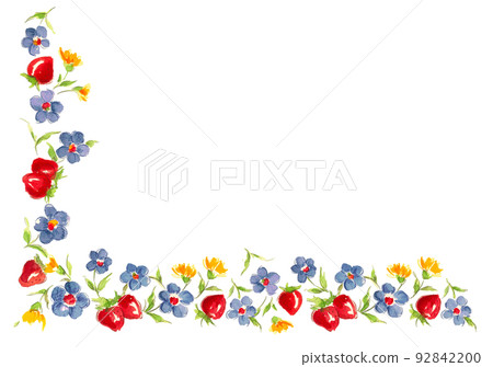 草莓和小花裝飾尺（框）【水彩畫】白背透明背景複製空間 92842200