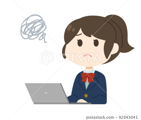 A female student who is in trouble while working on a computer 92843041