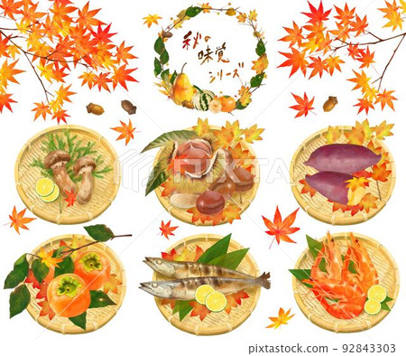 Illustration material of delicious autumn taste series set of fruits, vegetables and nuts, basket and autumn leaves maple Illustration material of delicious autumn taste series set of fruits, vegetables and nuts, basket and autumn leaves maple 92843303