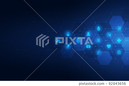 Healthcare and technology concept with flat icons and symbols. Template design for health care business, innovation medicine, pharmaceutical industry, science, medical research. 92843656