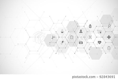 Medical background and healthcare technology with flat icons and symbols. Design template of concept and idea for health care business, innovation medicine, health safety, science. Vector illustration 92843691