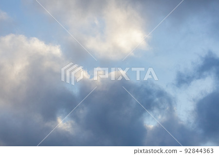 Simple beautiful gloomy blue sky with fluffy clouds on peaceful summer morning Simple beautiful gloomy blue sky with fluffy clouds on peaceful summer morning 92844363