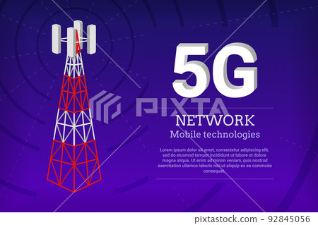 5g tower base station. Cell telecommunication antenna, broadband internet, mobile wifi cellular mast. Network communication, banner with copy space, landing page design. Vector illustration background 5g tower base station. Cell telecommunication antenna, broadband internet, mobile wifi cellular mast. Network communication, banner with copy space, landing page design. Vector illustration background 92845056