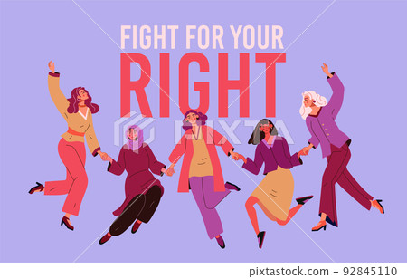 Woman rights, girl power and feminism concept. Strong women day, group of empowerment, international feminist people team. Girls hold hands. Poster and banner with letters. Vector cartoon concept Woman rights, girl power and feminism concept. Strong women day, group of empowerment, international feminist people team. Girls hold hands. Poster and banner with letters. Vector cartoon concept 92845110