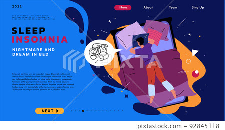 People lying under blankets. Sleeping persons in bedroom. Child with cats and dogs dream on bed. Different old persons sleep. Nighttime rest top view. Couples in nightwear. Vector illustrations set 92845118