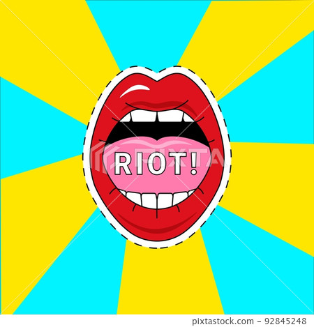 Red lips. Open female mouth riot, pop art poster or card, bright lipstick and text, trendy girl face part, sexy smile, comic retro style, sticker element, bright color background, vector illustration Red lips. Open female mouth riot, pop art poster or card, bright lipstick and text, trendy girl face part, sexy smile, comic retro style, sticker element, bright color background, vector illustration 92845248