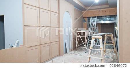 Construction site. Interior. Design. Design. Woodworking. Wall. 92846072
