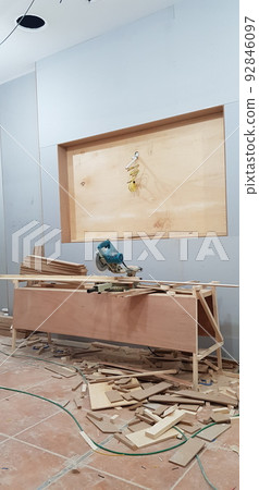 Construction site. Interior. Design. Design. Woodworking. Wall. Construction site. Interior. Design. Design. Woodworking. Wall. 92846097