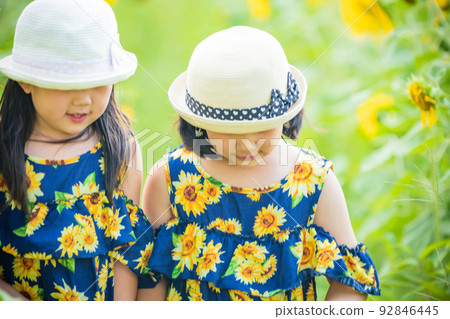 滋賀縣加茂區日野鎮滋賀農業公園布盧門盛開的山丘上拍攝的男孩和女孩 92846445