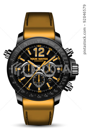 Realistic watch clock chronograph black steel face grey yellow number arrow leather strap on white design classic luxury fashion for men vector Realistic watch clock chronograph black steel face grey yellow number arrow leather strap on white design classic luxury fashion for men vector 92846579