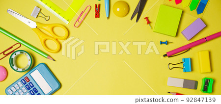 School or office workspace with colored supplies in form circle with space School or office workspace with colored supplies in form circle with space 92847139