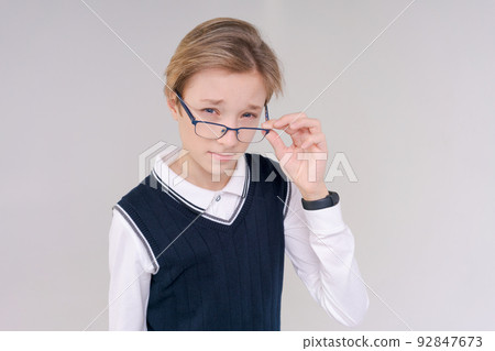 Portrait cute school boy. Back to school. Success, bright idea, creative ideas 92847673