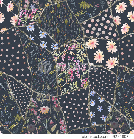 Beautiful vector seamless patchwork floral pattern with watercolor hand drawn flowers. Stock illustration. Beautiful vector seamless patchwork floral pattern with watercolor hand drawn flowers. Stock illustration. 92848073