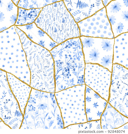 Beautiful vector seamless patchwork floral pattern with watercolor hand drawn flowers. Stock illustration. 92848074