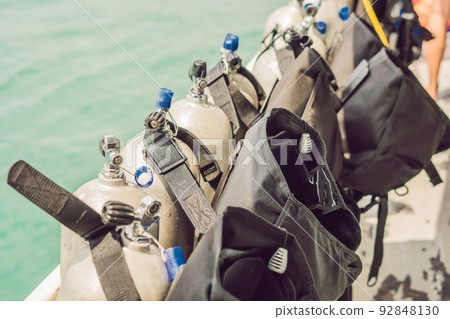 scuba compressed air tank on boat. Ready for diving 92848130