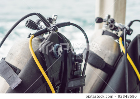 scuba compressed air tank on boat. Ready for diving scuba compressed air tank on boat. Ready for diving 92848680