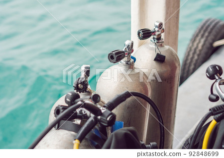 scuba compressed air tank on boat. Ready for diving scuba compressed air tank on boat. Ready for diving 92848699