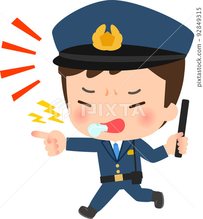 A police officer blowing a whistle and running with a baton 92849315