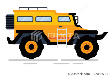 Auto with Big Wheels and Stairs, Yellow Suv Vector 92849725