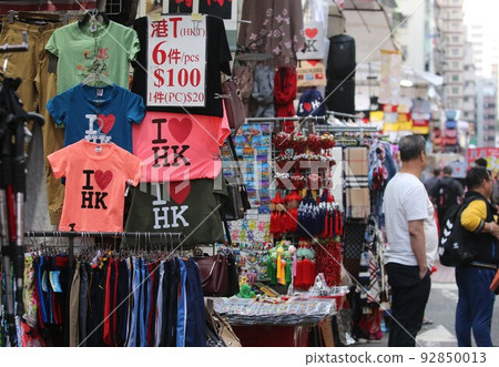 A market called Mongkok Women's Street in downtown Hong Kong. Cheap clothes are sold and many tourists 92850013