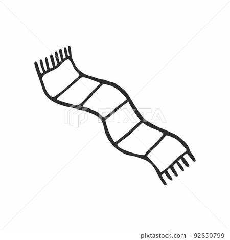 Warm striped knitted scarf isolated on a white background. Vector flat Doodle illustration. Coloring, drawing a single black line. A sketch of the scarf, design element, icon. Warm striped knitted scarf isolated on a white background. Vector flat Doodle illustration. Coloring, drawing a single black line. A sketch of the scarf, design element, icon. 92850799