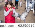 Feeding pigeons in the park. Girl feeds pigeons in London park 92850919