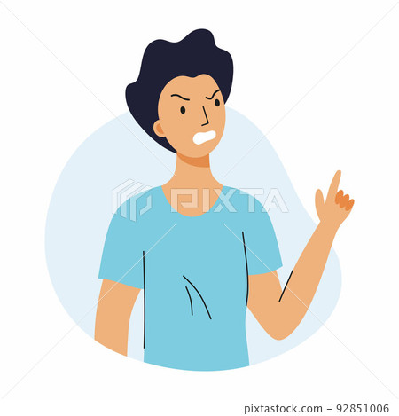 Angry man swears and shakes his finger. Choleric type of temperament. Human emotions. Angry man swears and shakes his finger. Choleric type of temperament. Human emotions. 92851006