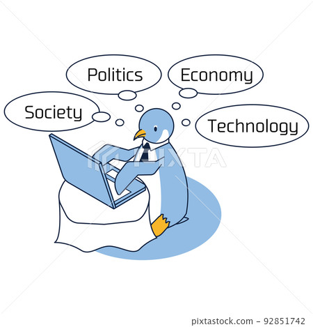A penguin doing a PEST (political, economic, socio-cultural, technological) analysis 92851742
