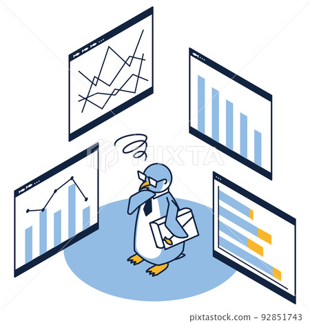 A penguin analyzing numbers by looking at graphs and data 92851743