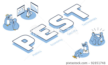 Penguin representing the marketing term PEST (Political, Economic, Social, Tech) Penguin representing the marketing term PEST (Political, Economic, Social, Tech) 92851748