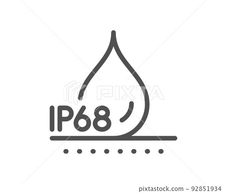 Waterproof line icon. Water resistant ip68 sign. Drop protection symbol. Quality design element. Linear style waterproof icon. Editable stroke. Vector 92851934