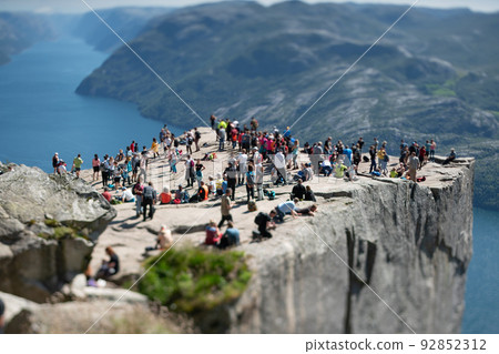 Tilt shift lens. Pulpit Rock Preikestolen Beautiful Nature Norway. Tilt shift lens. Pulpit Rock Preikestolen Beautiful Nature Norway. 92852312